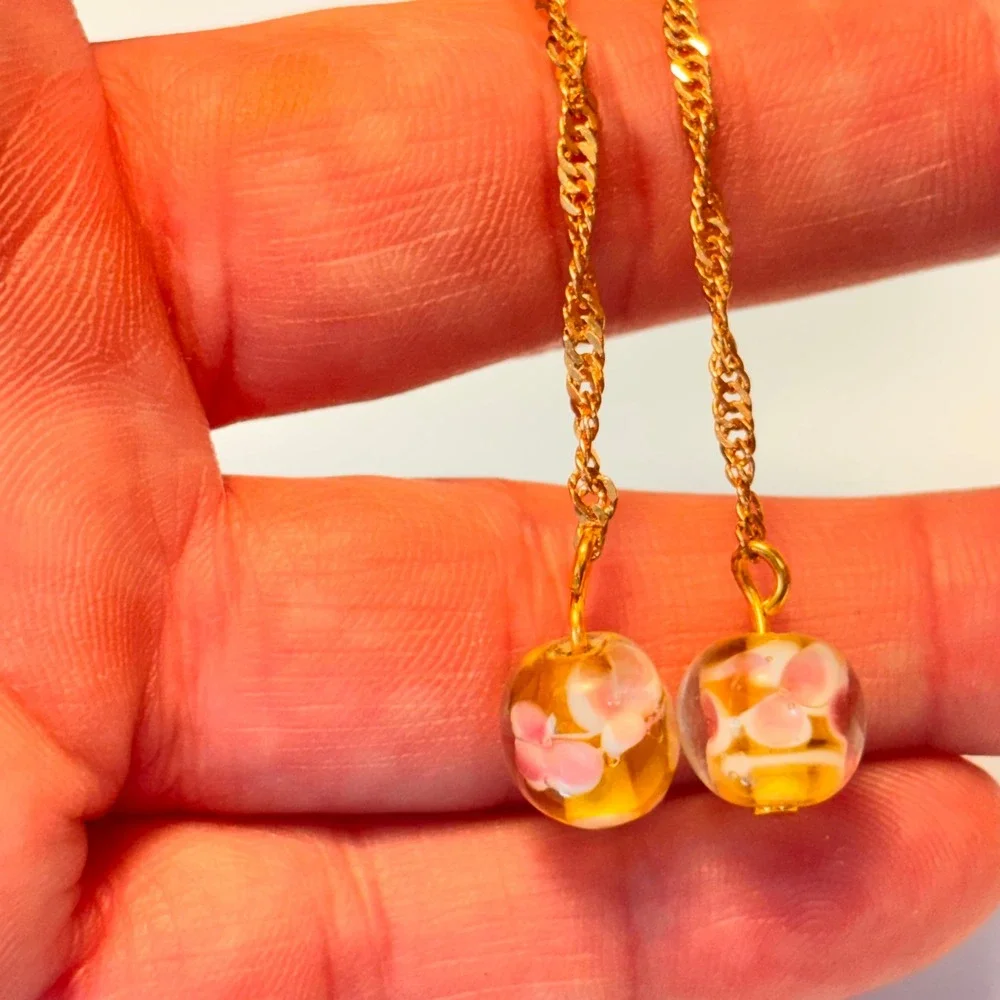 Vintage Glass Drop Earrings Gold Pink Floral Dangle Whimsygoth Boho Chic PL331
